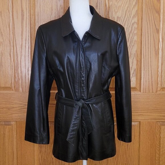 VTG Wilson's Genuine Leather Black Belted Zip Front Car Coat Jacket Size XL - Picture 1 of 14